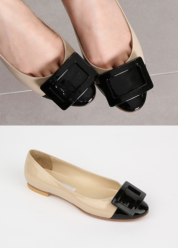 [ 베이지 ]square combi flat shoes