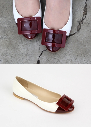 [ 화이트 ]square combi flat shoes